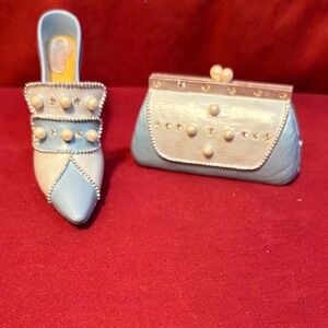 Blue and White Beaded Shoe and Clutch Set Ceramic
